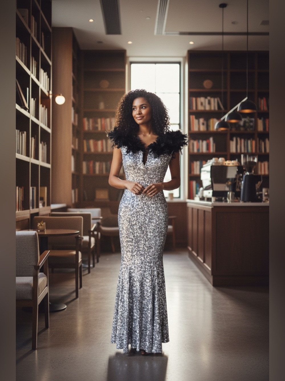 Hera Collection Silver Sequin Gown with Black Feather Detail